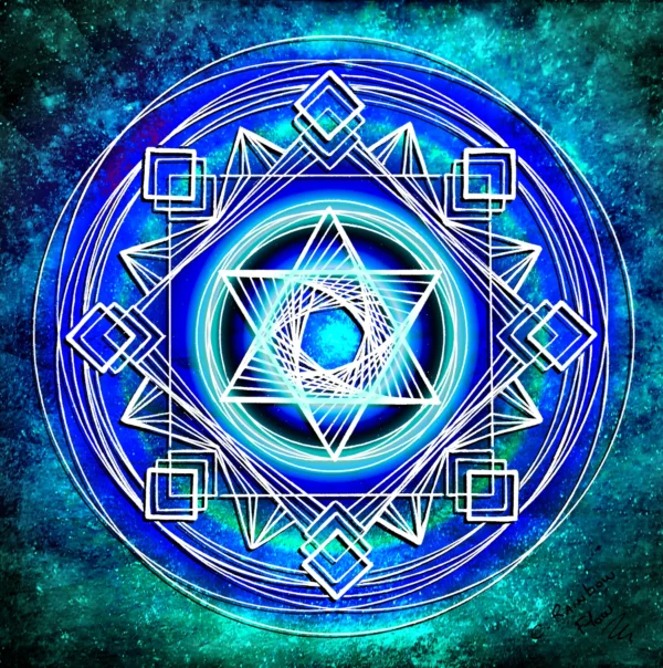 "Harmonia Sacrée"-Collection Écho Chromatique- Mandala vibratoire, basé sur la géométrie sacrée, un clin d'oeil à la merkabah, véhicule de lumière et porte ouverte vers l'infini. Fréquence d'élévation et d'harmonie, reliant l'âme aux dimensions stellaires | Clémentine Rainbow Flow ©