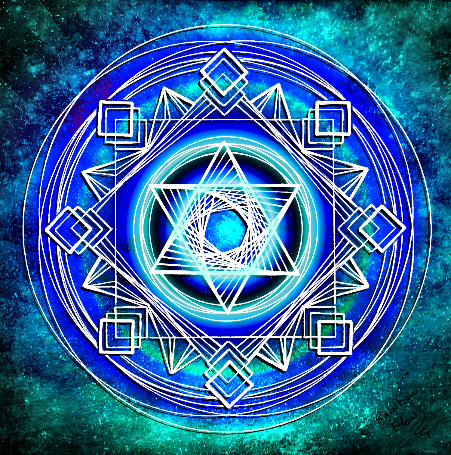 "Harmonia Sacrée"-Collection Écho Chromatique- Mandala vibratoire, basé sur la géométrie sacrée, un clin d'oeil à la merkabah, véhicule de lumière et porte ouverte vers l'infini. Fréquence d'élévation et d'harmonie, reliant l'âme aux dimensions stellaires | Clémentine Rainbow Flow ©