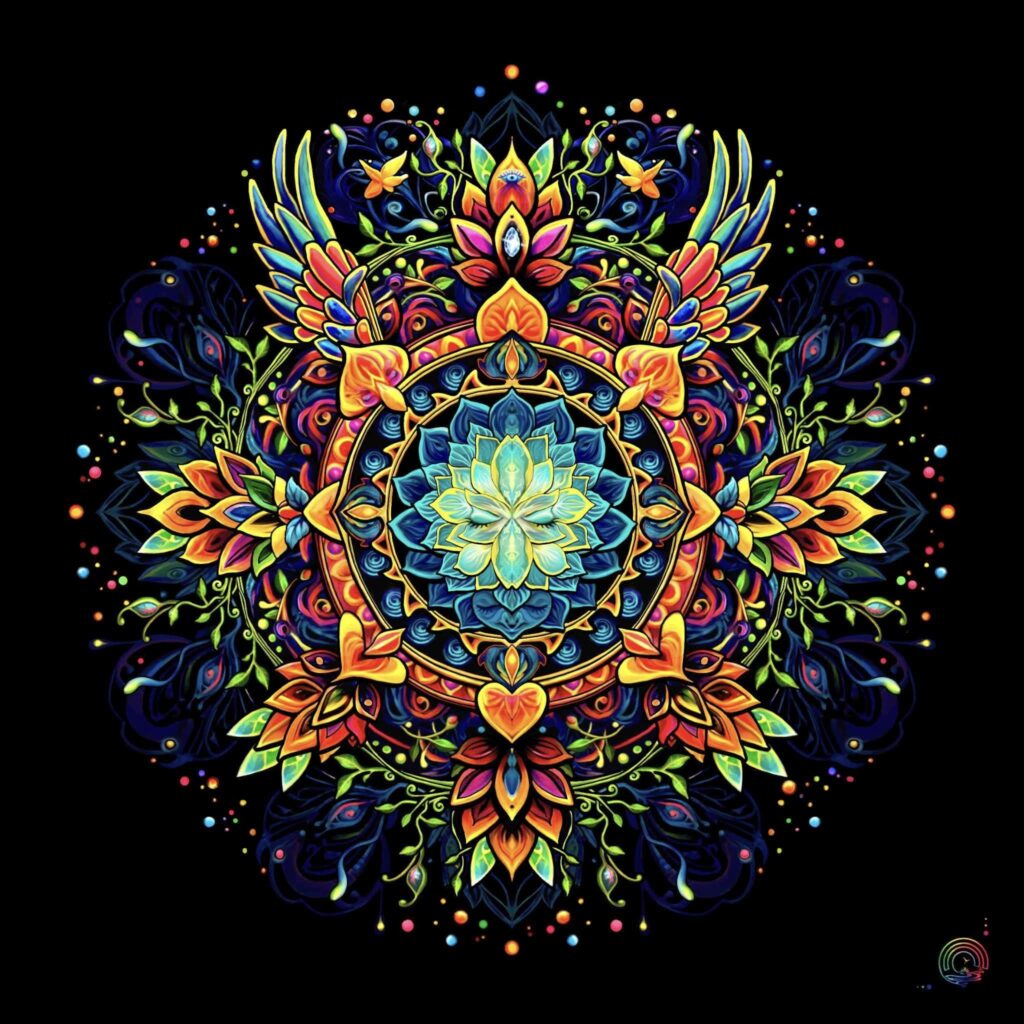 Oeuvre "Le Chant Sacré Du Vivant", mandala coloré et détaillé, étape de recherche en peinture numérique, disponible en série limitée | Clémentine Degaine | Rainbow Flow: Art Hybride & Peinture Structurale Visionnaire