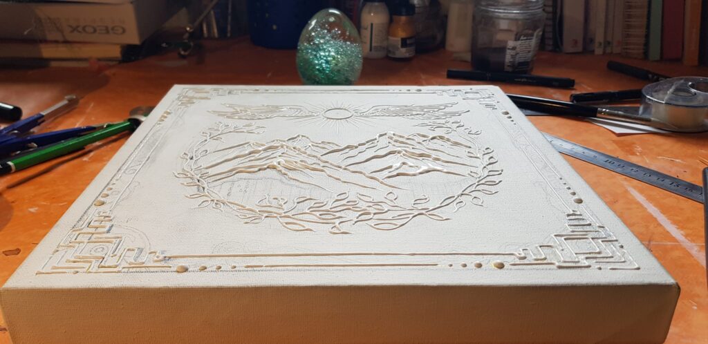 instant live de l'atelier: mandala en cours de séchage, technique mixte en relief - Clémentine Degaine | Rainbow Flow: Art Hybride & Peinture Structurale Visionnaire