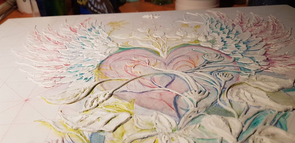 Le-Potentiel-du-Coeur-Work-in-Progress-ombres-volumes - Clémentine Degaine | Rainbow Flow: Art Hybride & Peinture Structurale Visionnaire