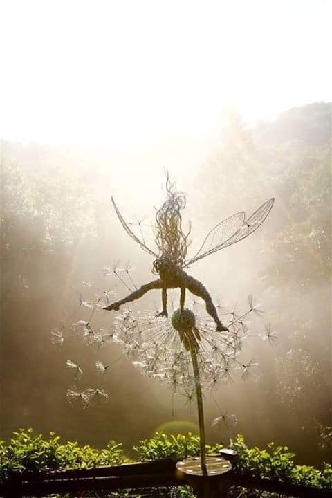 Sculpture en fils de fer de Robin Wight, imageant une fée jouant à saute mouton sur un pissenlit sous une belle lumière..