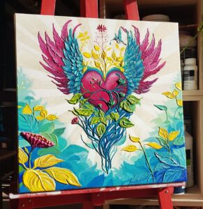 Peinture originale en relief Le Potentiel du Cœur par l'artiste Clémentine Degaine (Rainbow Flow)