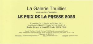 Carton d'invitation pour le vernissage du Prix de la Presse 2025 de la Galerie Thuillier (75003), le mardi 25 février 2025,à 19h30.