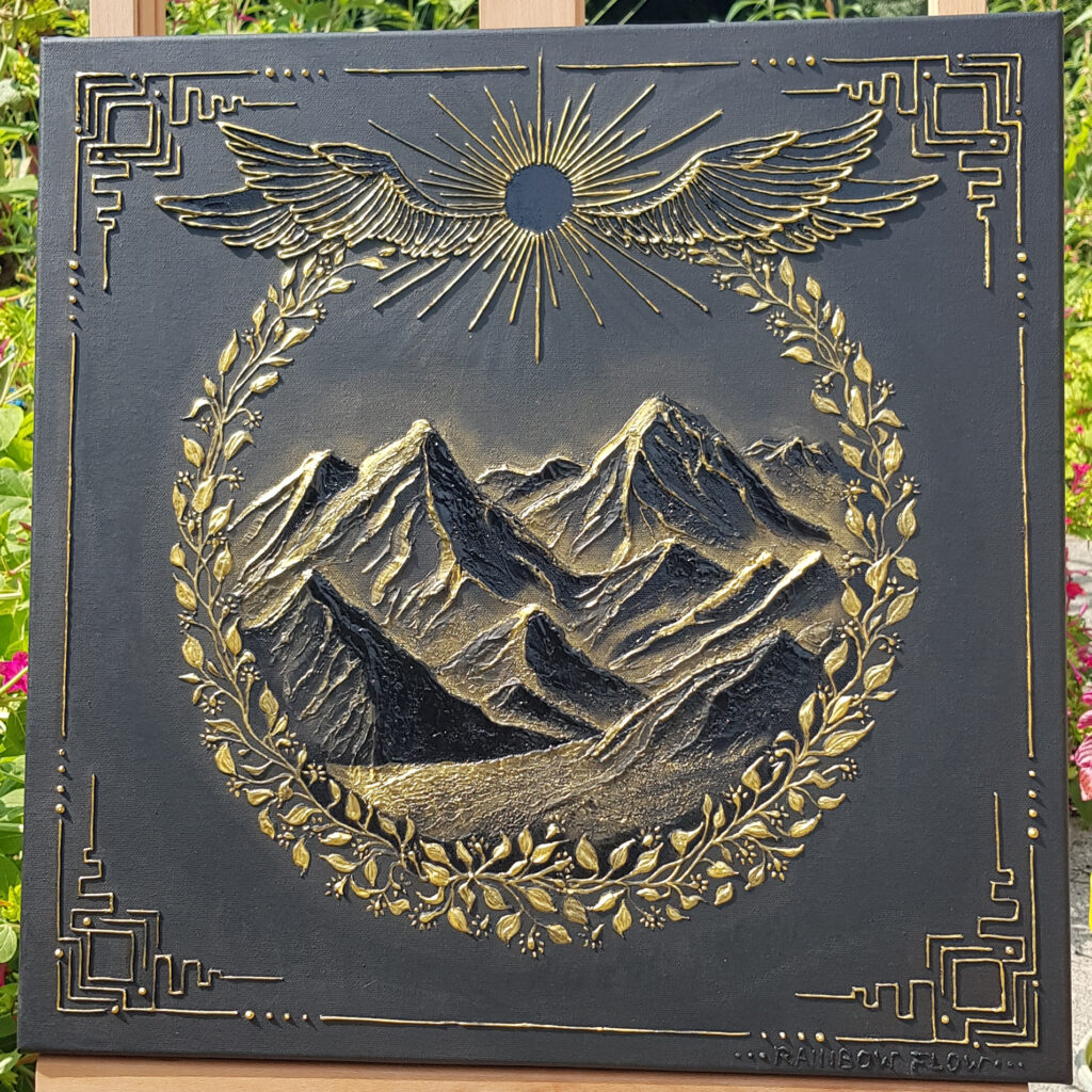 Tableau moderne de montagne en relief Envolée Alpine 2, peinture originale par l'artiste Clémentine Degaine.