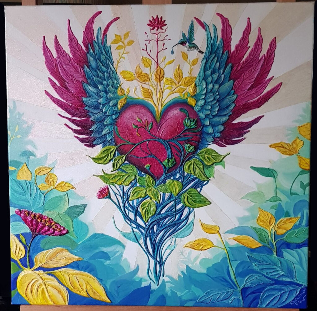 Peinture originale en relief Le Potentiel du Cœur par l'artiste Clémentine Degaine (Rainbow Flow)