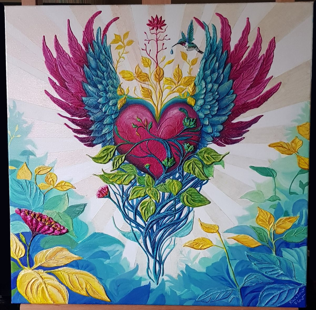 Peinture originale en relief Le Potentiel du Cœur par l'artiste Clémentine Degaine (Rainbow Flow)