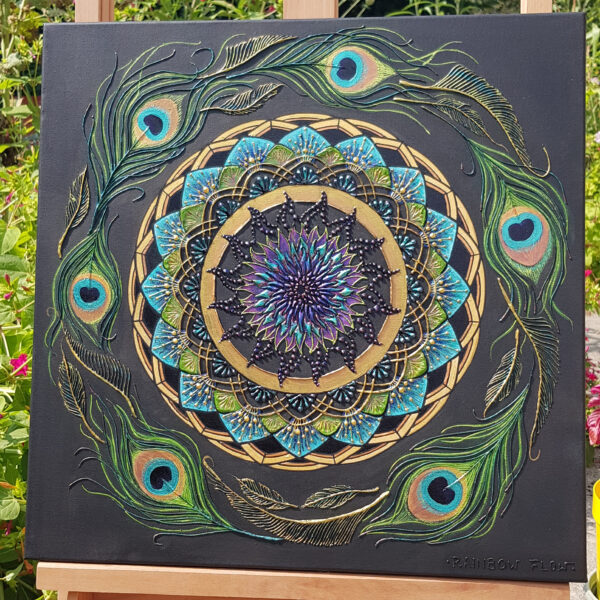 Peinture originale en relief La Ronde de Paon par l'artiste Clémentine Degaine (Rainbow Flow)