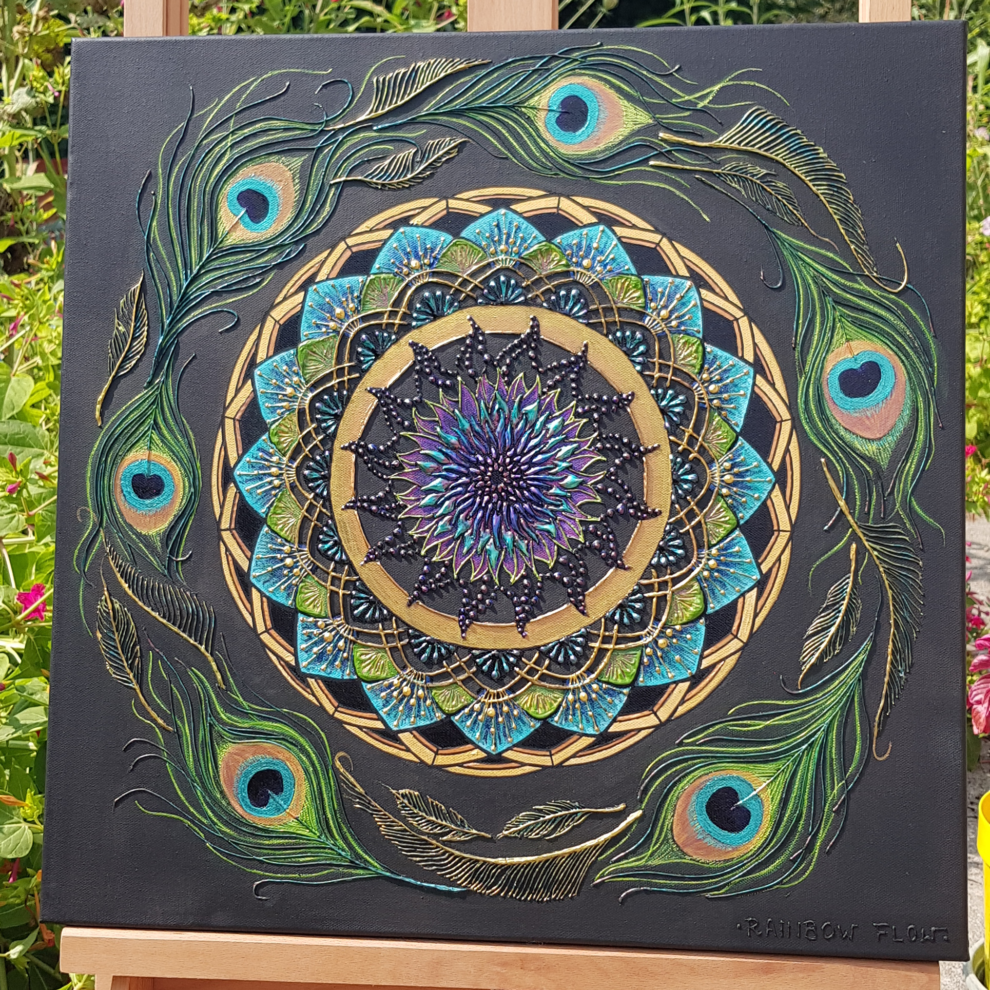 Peinture originale en relief La Ronde de Paon par l'artiste Clémentine Degaine (Rainbow Flow)
