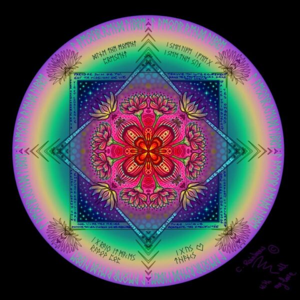 "Sento-Beautifull Life"- Œuvre originale -  Collection Écho Chromatique - Mandala d'inspiration psychédélique et de géométrie sacrée. Réalisée en peinture numérique et imprimée sur un support toile montée sur châssis @ Clémentine Degaine | Rainbow Flow: Art Hybride & Peinture Structurale Visionnaire