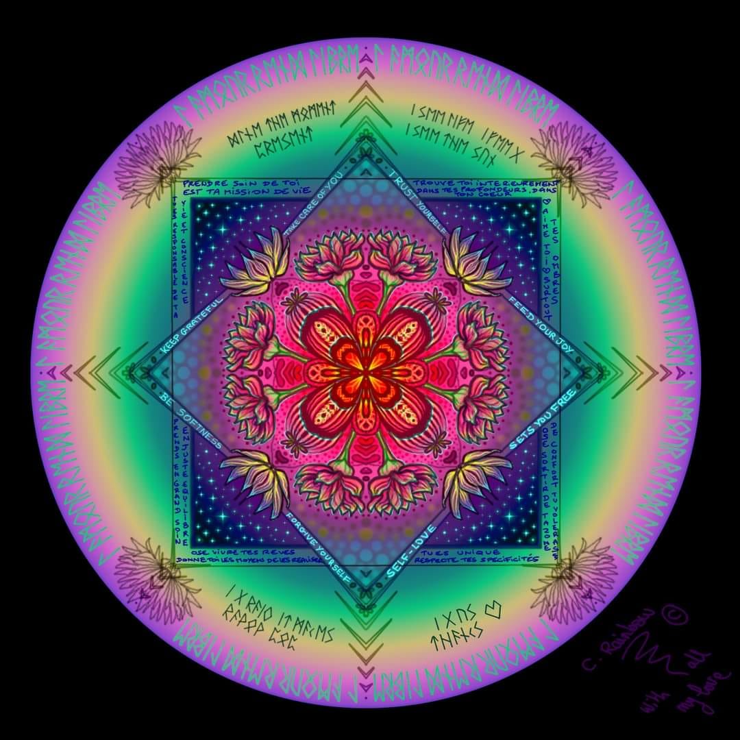 "Sento-Beautifull Life"- Œuvre originale - Collection Écho Chromatique - Mandala d'inspiration psychédélique et de géométrie sacrée. Réalisée en peinture numérique et imprimée sur un support toile montée sur châssis @ Clémentine Degaine | Rainbow Flow: Art Hybride & Peinture Structurale Visionnaire