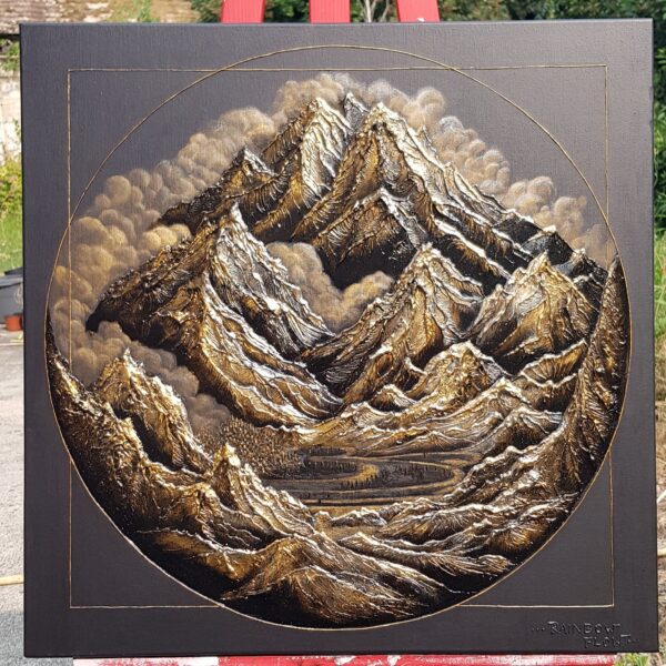 Tableau moderne de montagne en relief Envolée Alpine 3, œuvre primée à Prague par l'artiste Clémentine Degaine.