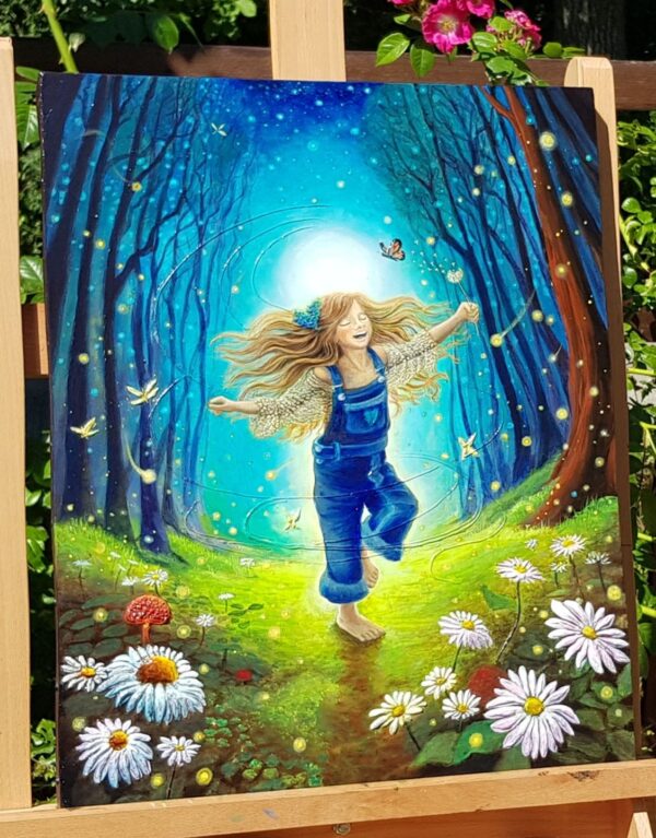 Peinture en relief Innocence : jeune fille dans une forêt onirique par Clémentine Degaine (Rainbow Flow, art structuraliste visionnaire).