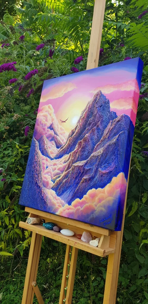 L'Aube des Possibles - Peinture acrylique mixte en relief - Rainbow Flow Art - vue de 3/4