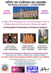 affiche d'exposition permamente au château de Lagord (charente-maritime) en collaboration avec le salon d'arts plastiques de la Rochelle. Date du 29 octobre au 26 novembre 2025- Antoine Giraud- Eco-dev.net - Clémentine Degaine | Rainbow Flow: Art Hybride & Peinture Structurale Visionnaire