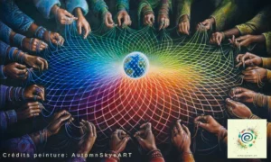 Peinture de l'artiste AutomnSkieART représentant des mails tissant un ouvrage ensemble pour le bien commun de la terre et du vivant.