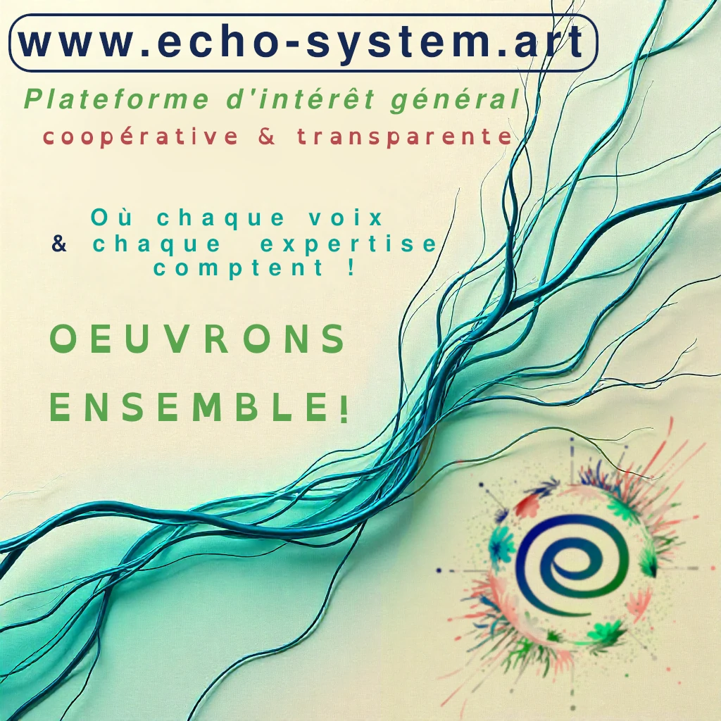 visuel d'echo-system.art - plateforme d'intérêt général, illustrant un réseau coopératif et transparent avec des fibres qui se tissent et se développent, les couleurs sont beige, vert d'eau, le logo du site est visible. Le message est: oeuvrons ensemble que chaque voix et chaque expertise comptent !