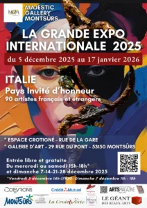 Affiche officielle colorée de la Grande Expo Internationale 2025, à Montsurs, dans le pays de la Loire- Antoine Giraud- Eco-dev.net - Clémentine Degaine | Rainbow Flow: Art Hybride & Peinture Structurale Visionnaire