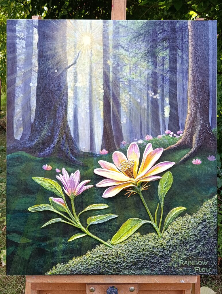 Peinture structuraliste en relief représentant la sensation post hiver du rayon de soleil sur la peau, décors de forêt, rayons de lumiere émergeant de la canoppé et fleur en relief en premier plan et sa mousse